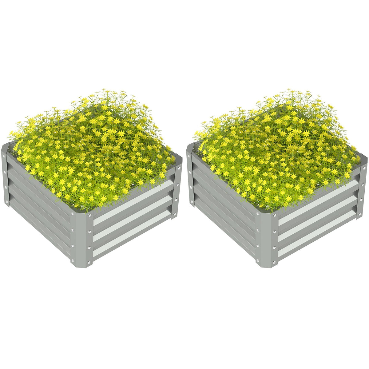 Outsunny Set of Two Steel Planter Boxes in light grey filled with yellow flowers on white background