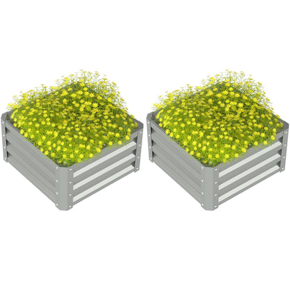Outsunny Set of Two Steel Planter Boxes in light grey filled with yellow flowers on white background