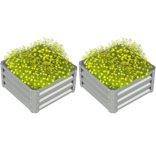 Outsunny Set of Two Steel Planter Boxes in light grey filled with yellow flowers on white background