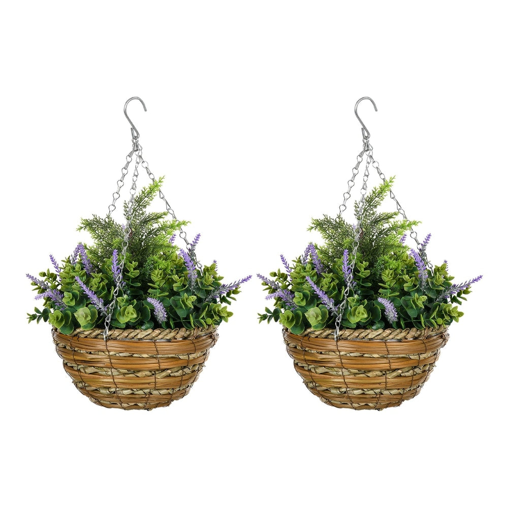 Outsunny Set of Two Artificial Hanging Lavender Flower Pots with woven baskets and green foliage