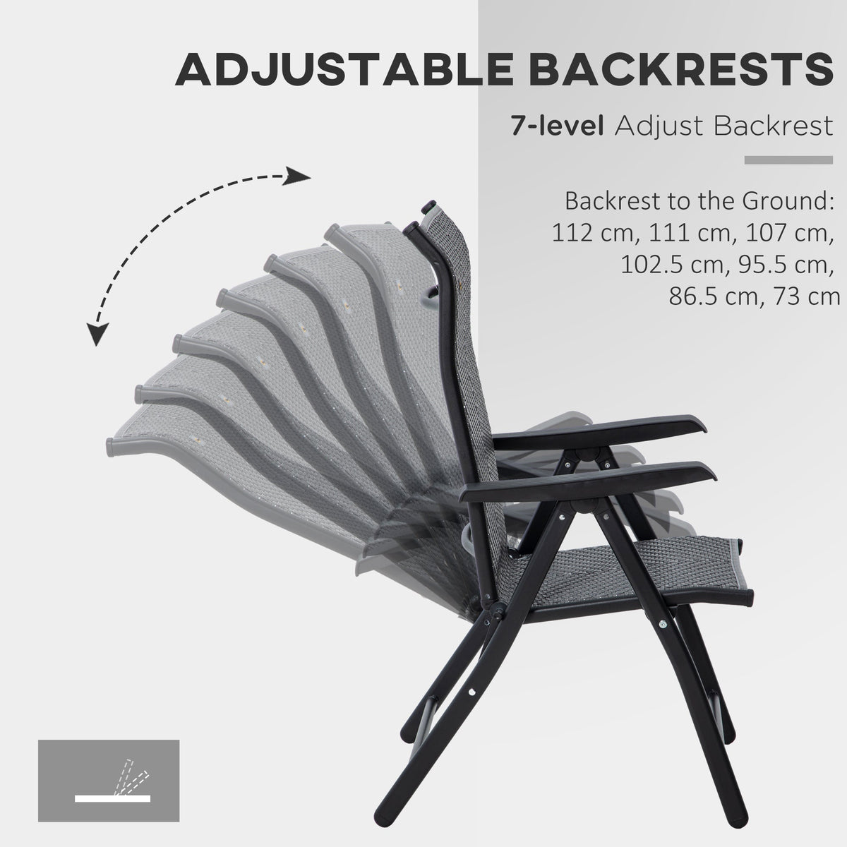 The garden chairs showing the seven different positions for the adjustable backrest