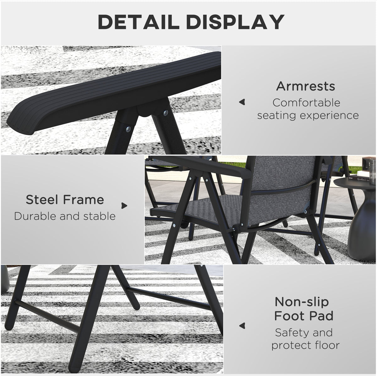 The garden chairs highlighting the armrests, steel frame, and non-slip foot pads
