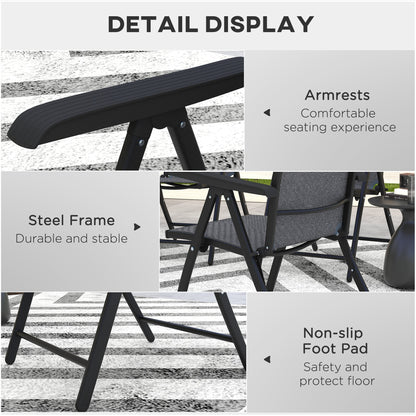 The garden chairs highlighting the armrests, steel frame, and non-slip foot pads