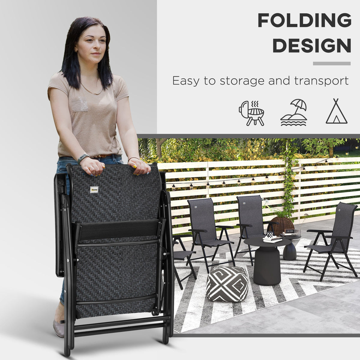 A person carrying one of the garden chairs to demonstrate the easy folding design