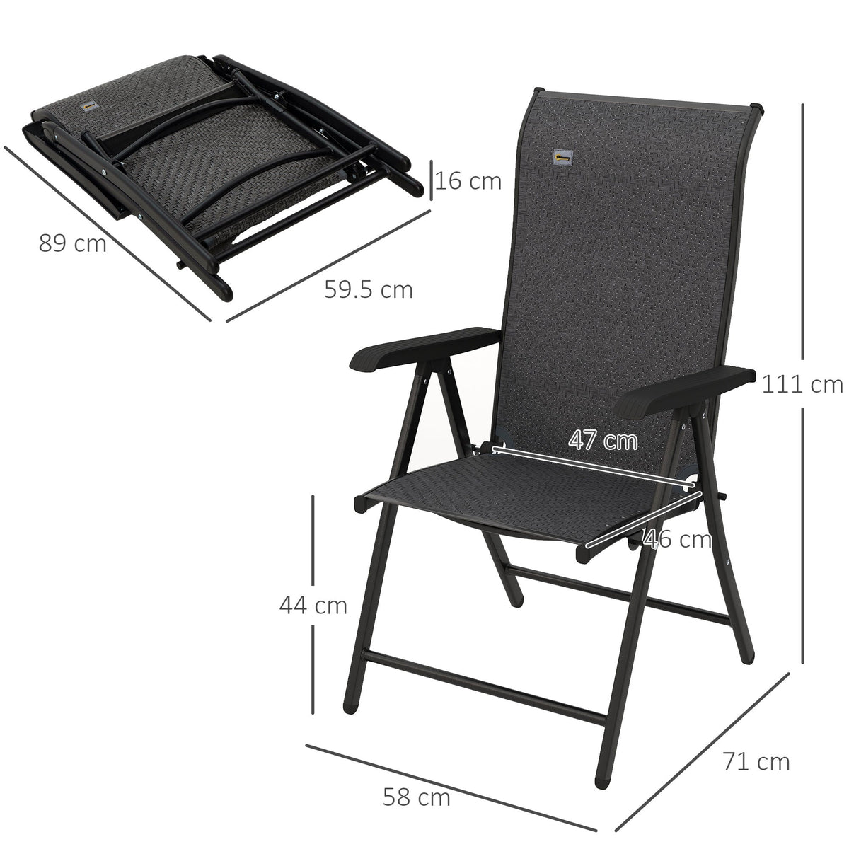 The garden furniture shown with dimensions for both the folded and unfolded positions