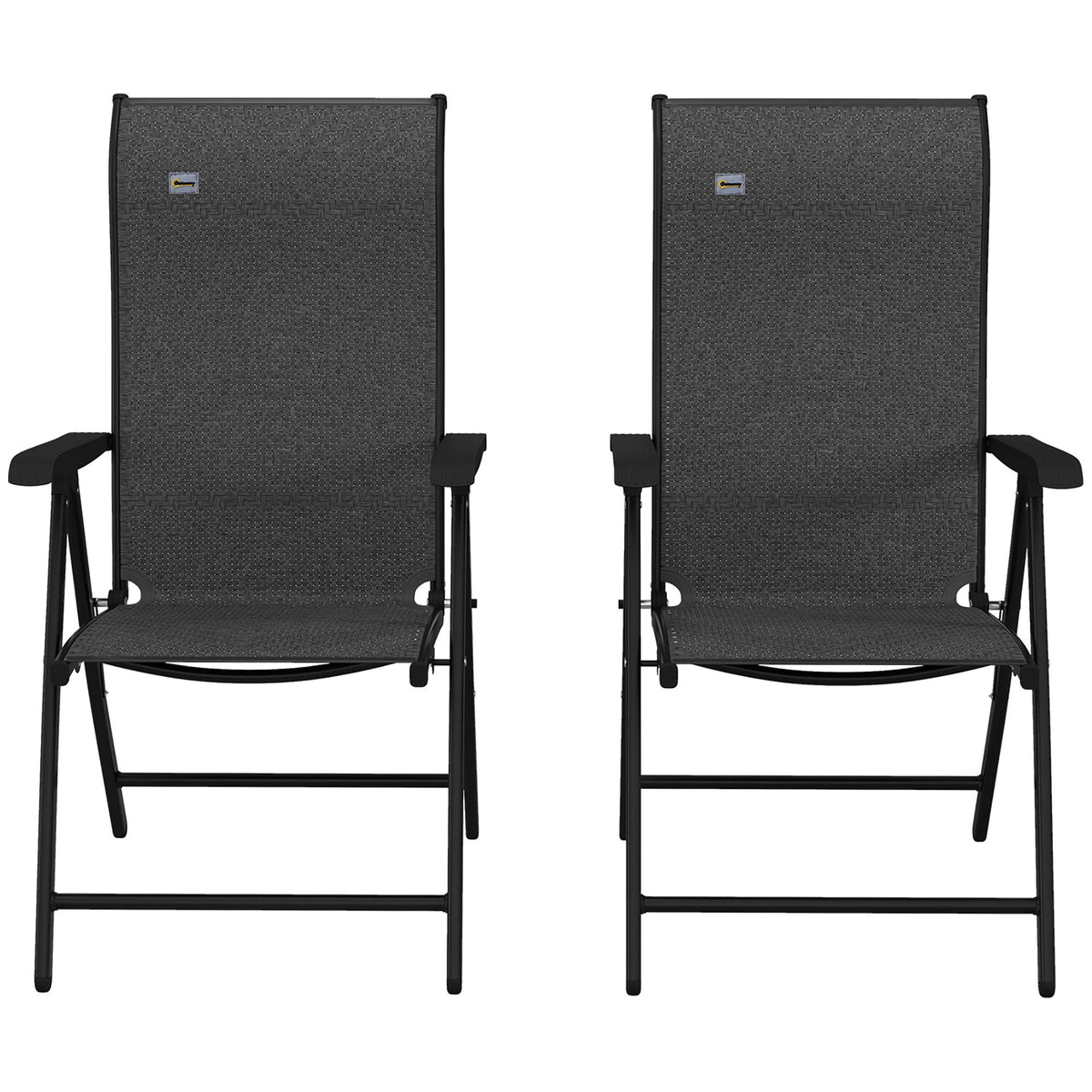 The garden chairs viewed directly from the front showing the grey seats and black frames