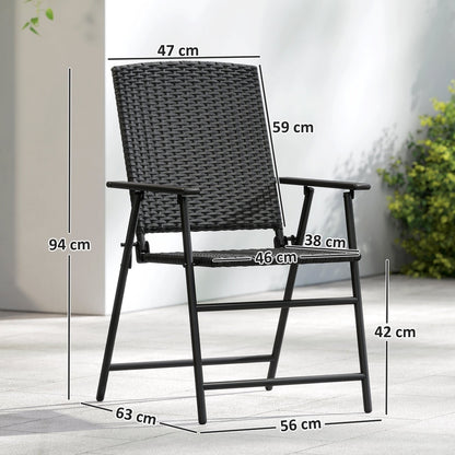 The black folding chair with white dimension lines showing height and width measurements