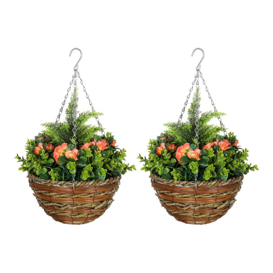 Outsunny Set of Two Hanging Lisianthus Flower Pots with orange flowers and green foliage in woven baskets