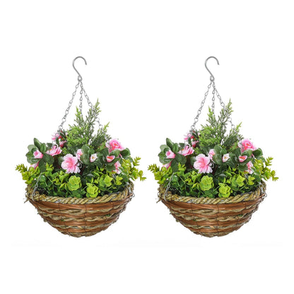 Outsunny Set of Two Hanging Lisianthus Flower Pots with pink flowers and green foliage in woven baskets