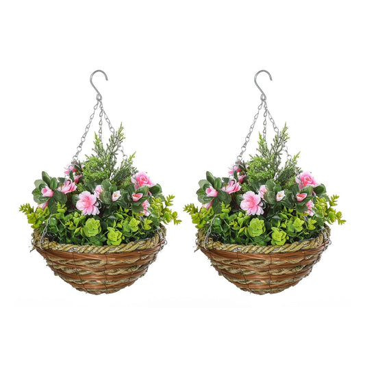Outsunny Set of Two Hanging Lisianthus Flower Pots with pink flowers and green foliage in woven baskets