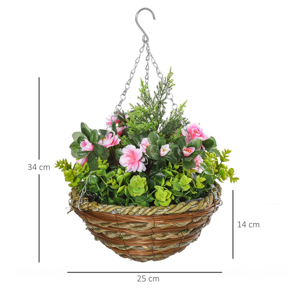 A single artificial hanging flower basket with dimensions indicated