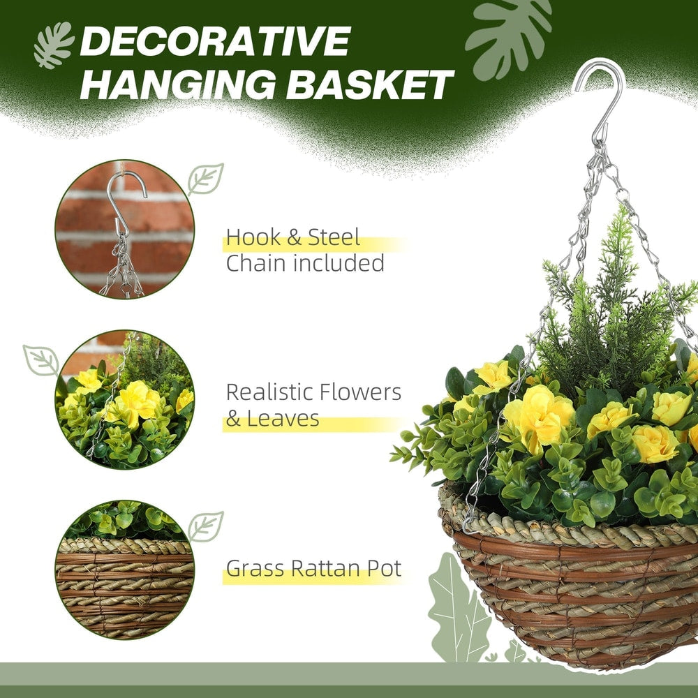 Detail of the hanging artificial flower pot showing hook, chain and woven basket