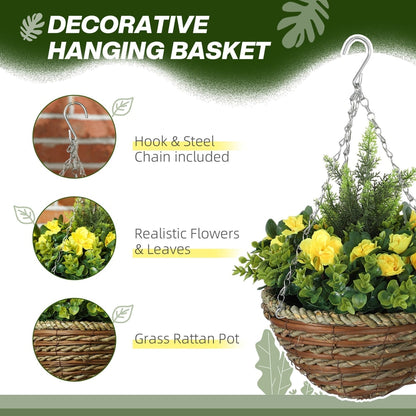 Detail of the hanging artificial flower pot showing hook, chain and woven basket