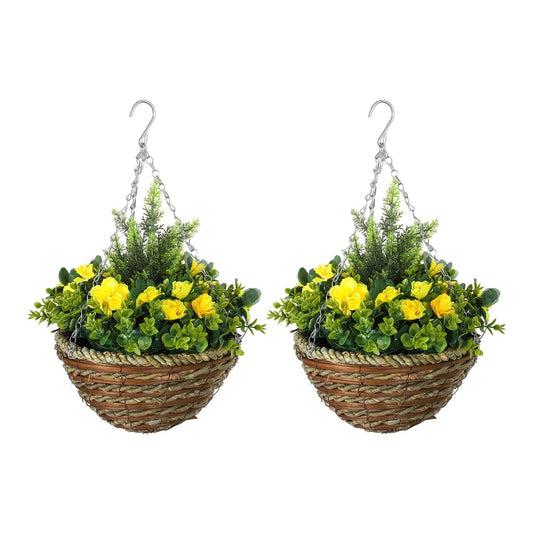 Outsunny Set of Two Hanging Lisianthus Flower Pots with yellow flowers and green foliage in woven baskets with chains
