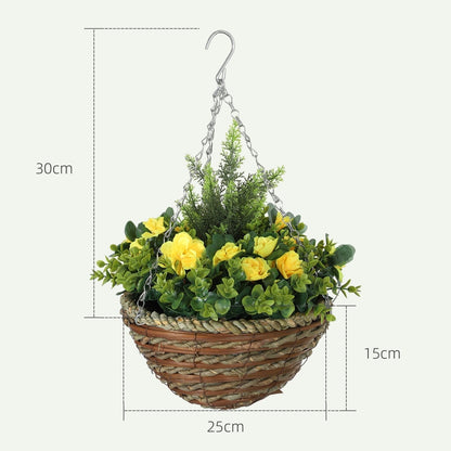 Close up of a hanging artificial flower pot with dimensions shown