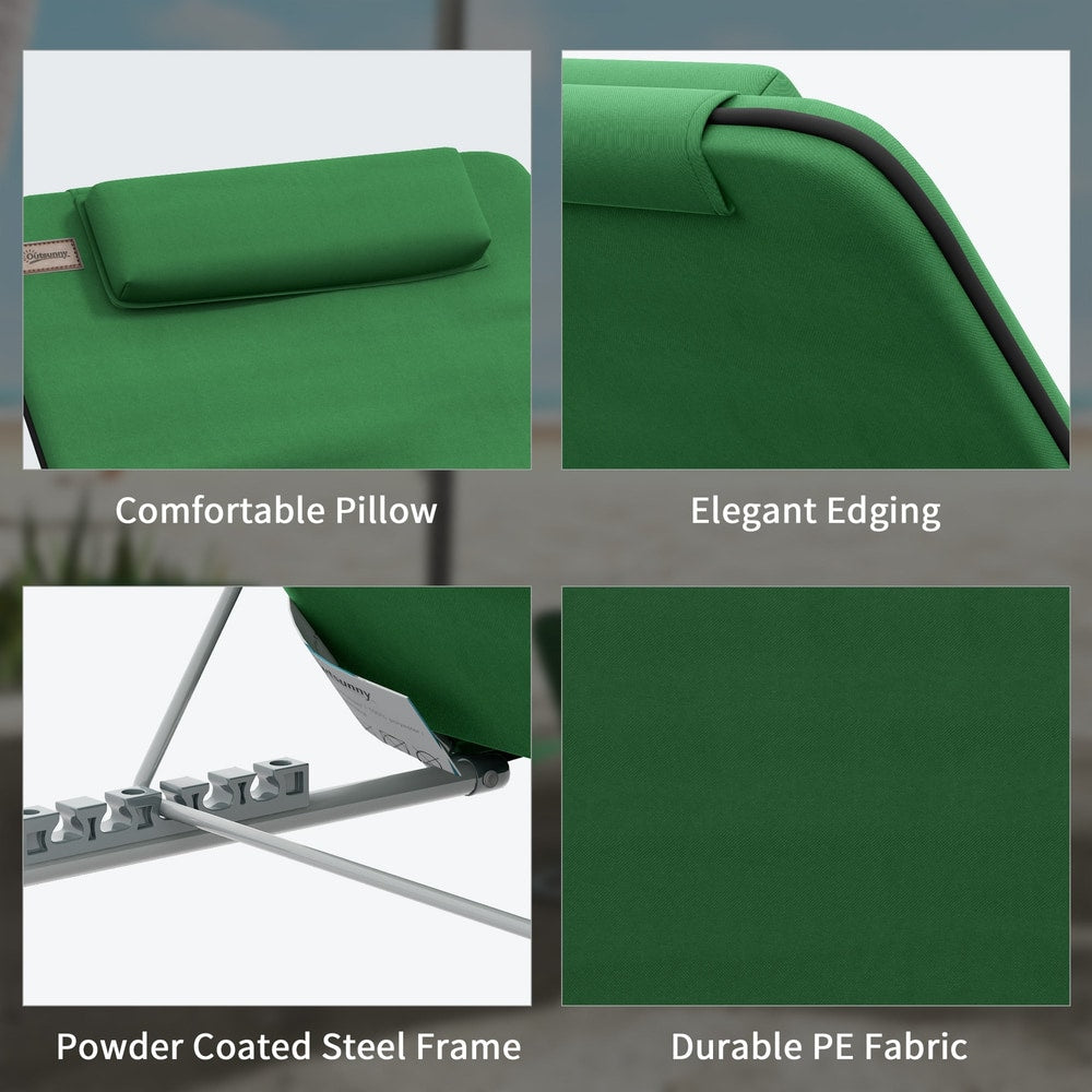 Collage of close-up details of a green metal frame beach chair: pillow, edging, frame, fabric