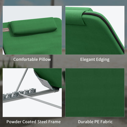 Collage of close-up details of a green metal frame beach chair: pillow, edging, frame, fabric