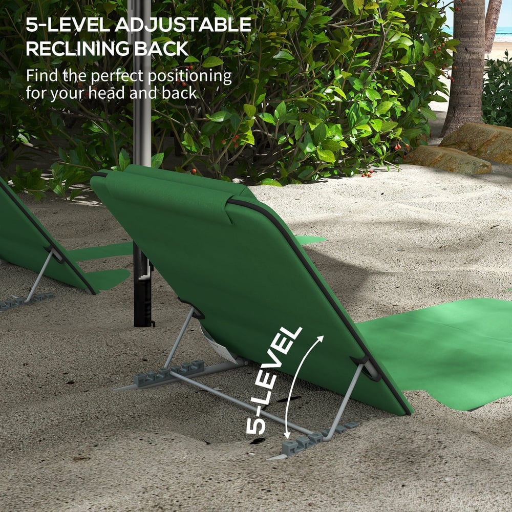 Close-up of the adjustable reclining back mechanism on a green metal frame beach chair