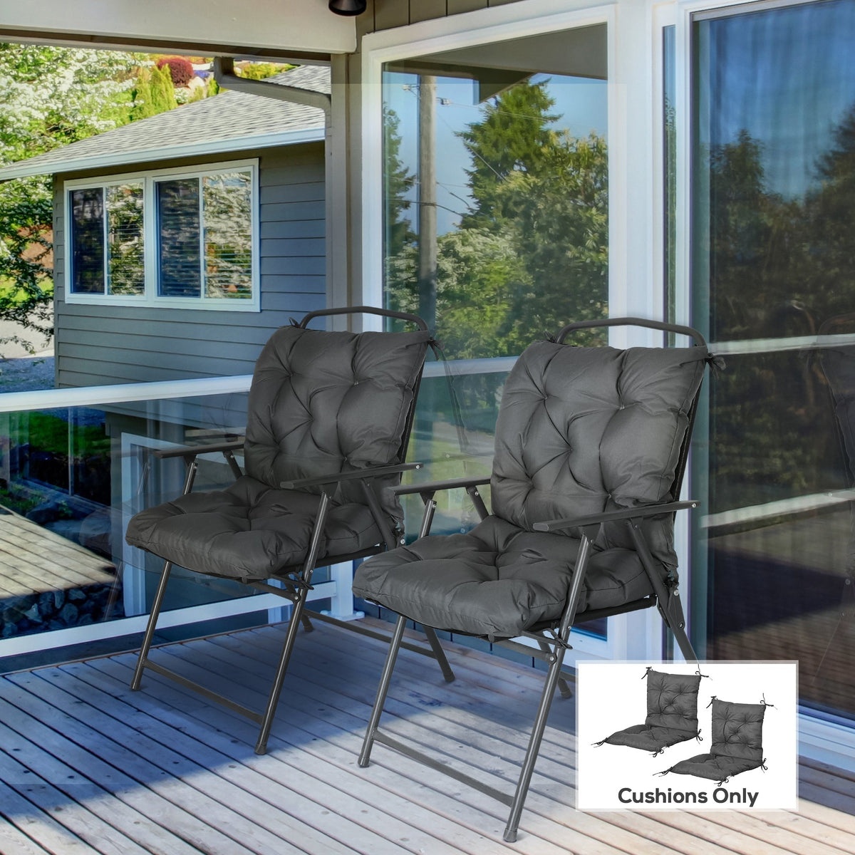 The outdoor seat cushions attached to folding garden chairs on a wooden deck