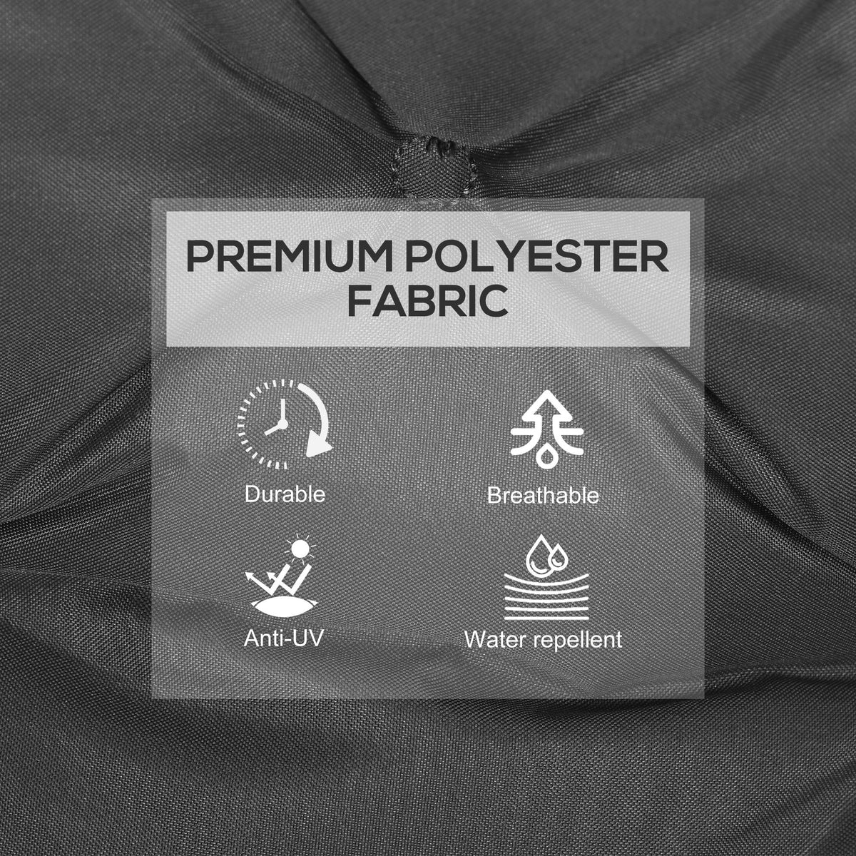 The outdoor seat cushions fabric close-up with icons showing durability and weather resistance