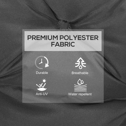 The outdoor seat cushions fabric close-up with icons showing durability and weather resistance