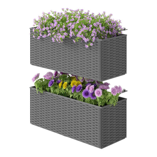 Outsunny Set of Two Rattan-Effect Planters in grey, showing two rectangular planters filled with purple and yellow flowers
