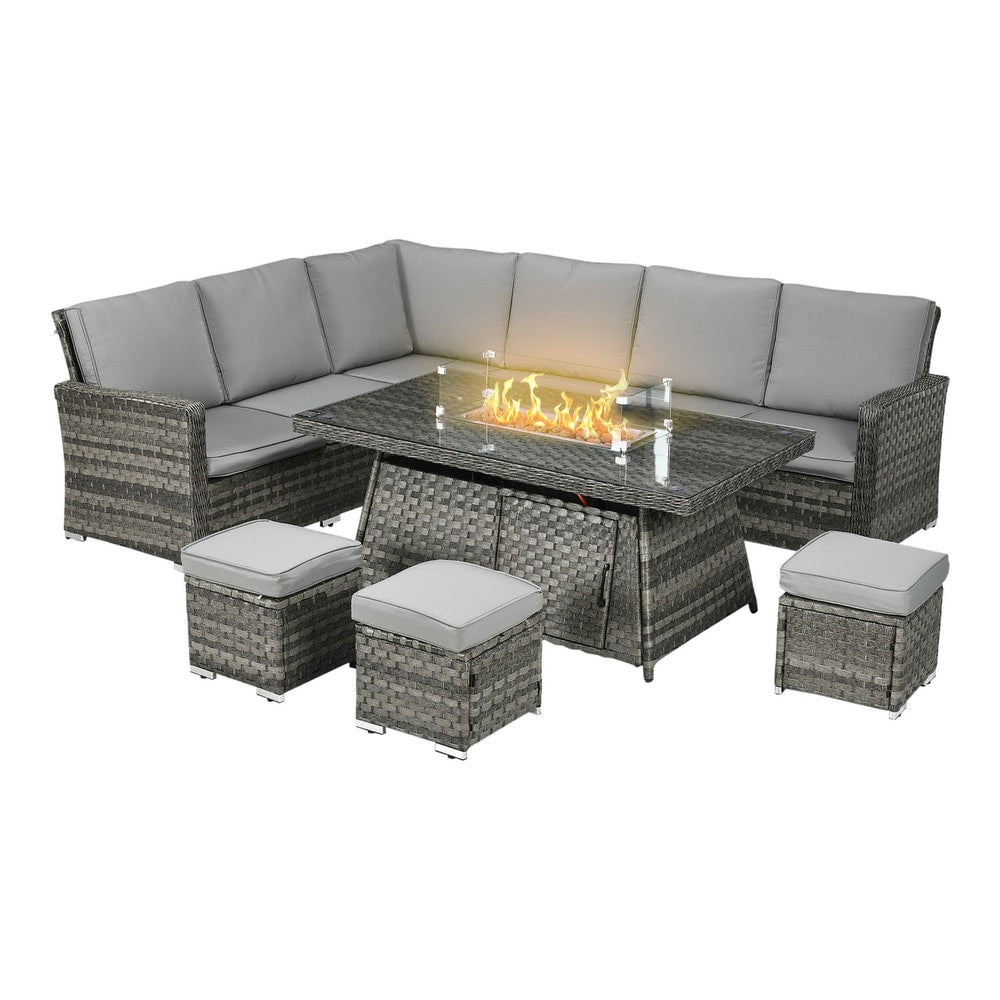 Outsunny Seven-Piece Firepit Table Rattan Sofa Set in grey with a firepit in the centre of the table