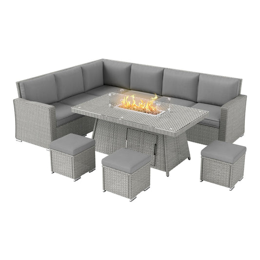 Outsunny Seven-Piece Firepit Table Rattan Sofa Set in grey rattan with a central firepit table