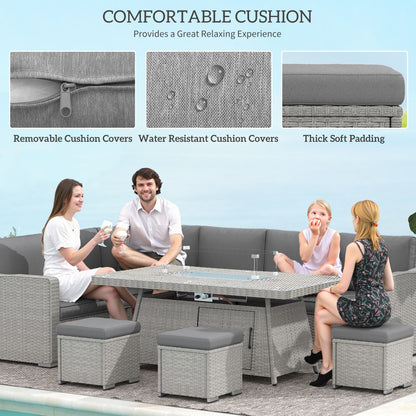 Family relaxing on the grey rattan sofa set with firepit table and cushions