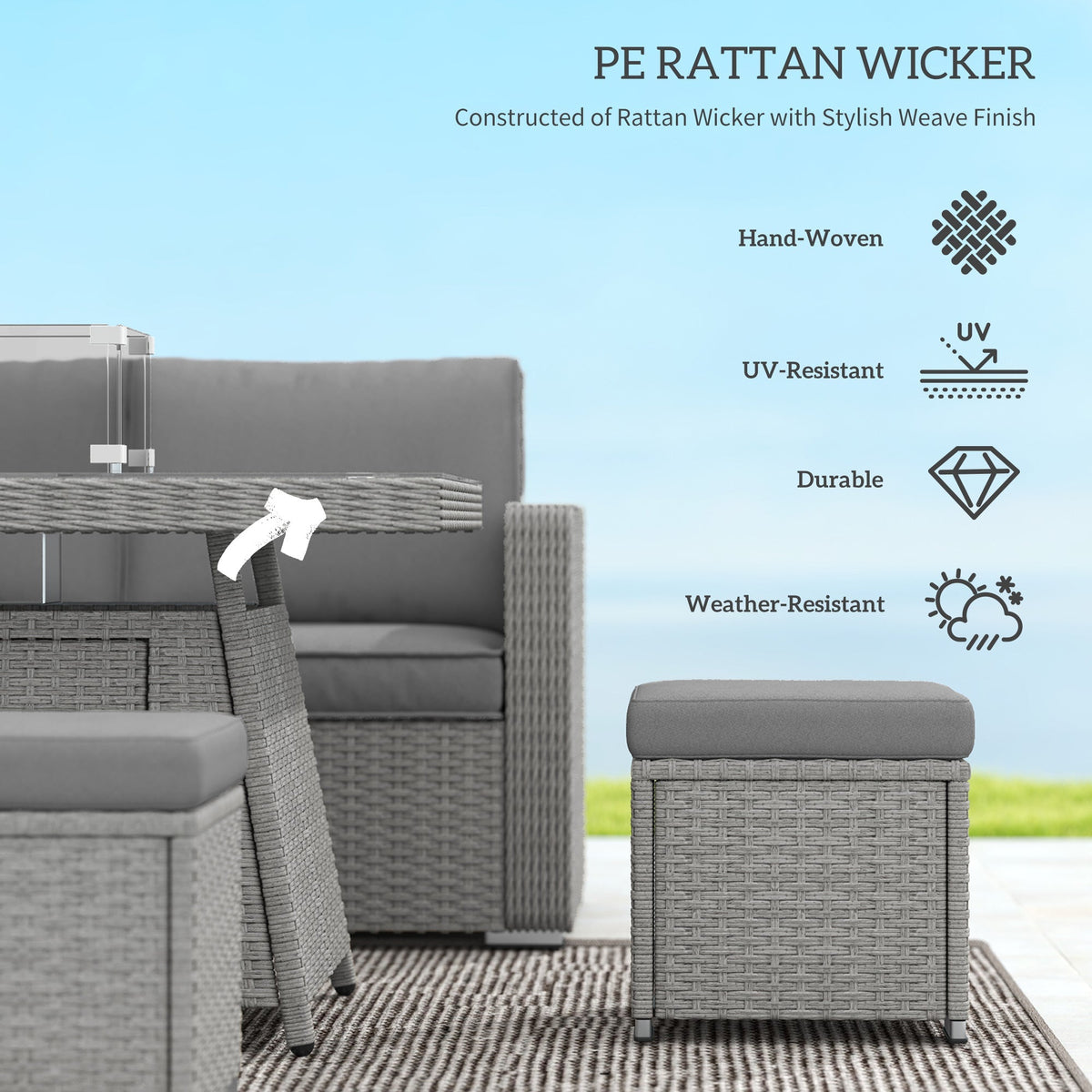 Close up of the grey rattan furniture weave and cushion details