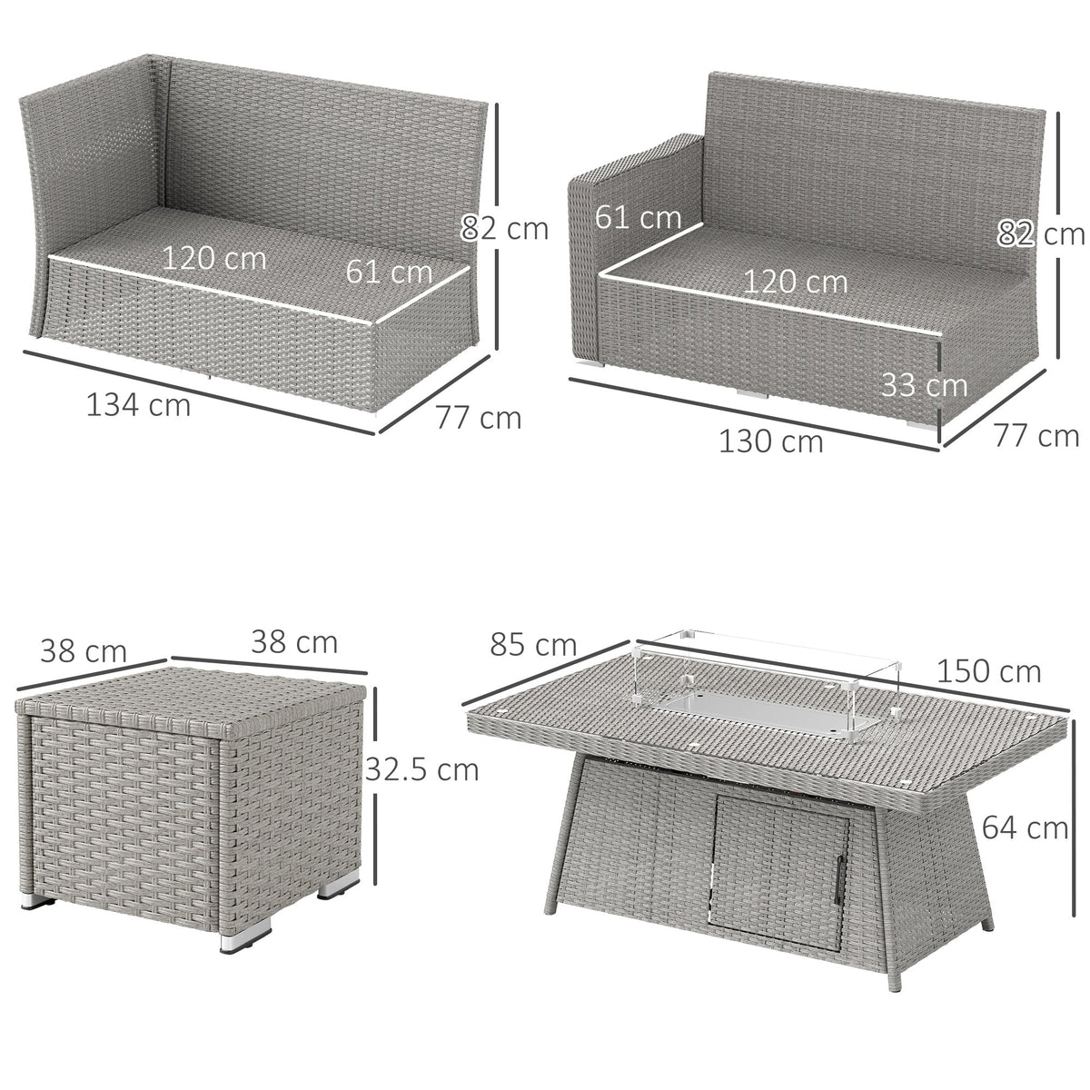 Dimensions diagram for the grey rattan corner sofa set and firepit table