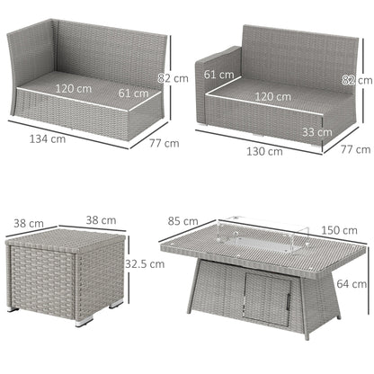 Dimensions diagram for the grey rattan corner sofa set and firepit table