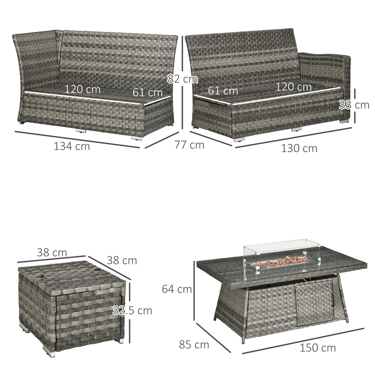 Dimensions diagram for the grey rattan sofa set with firepit table