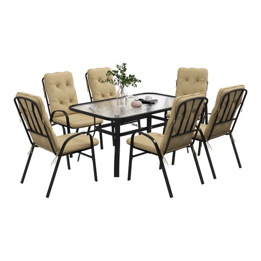 Outsunny Seven-Piece Garden Dining Set with Cushions, a glass-top table and six beige upholstered chairs