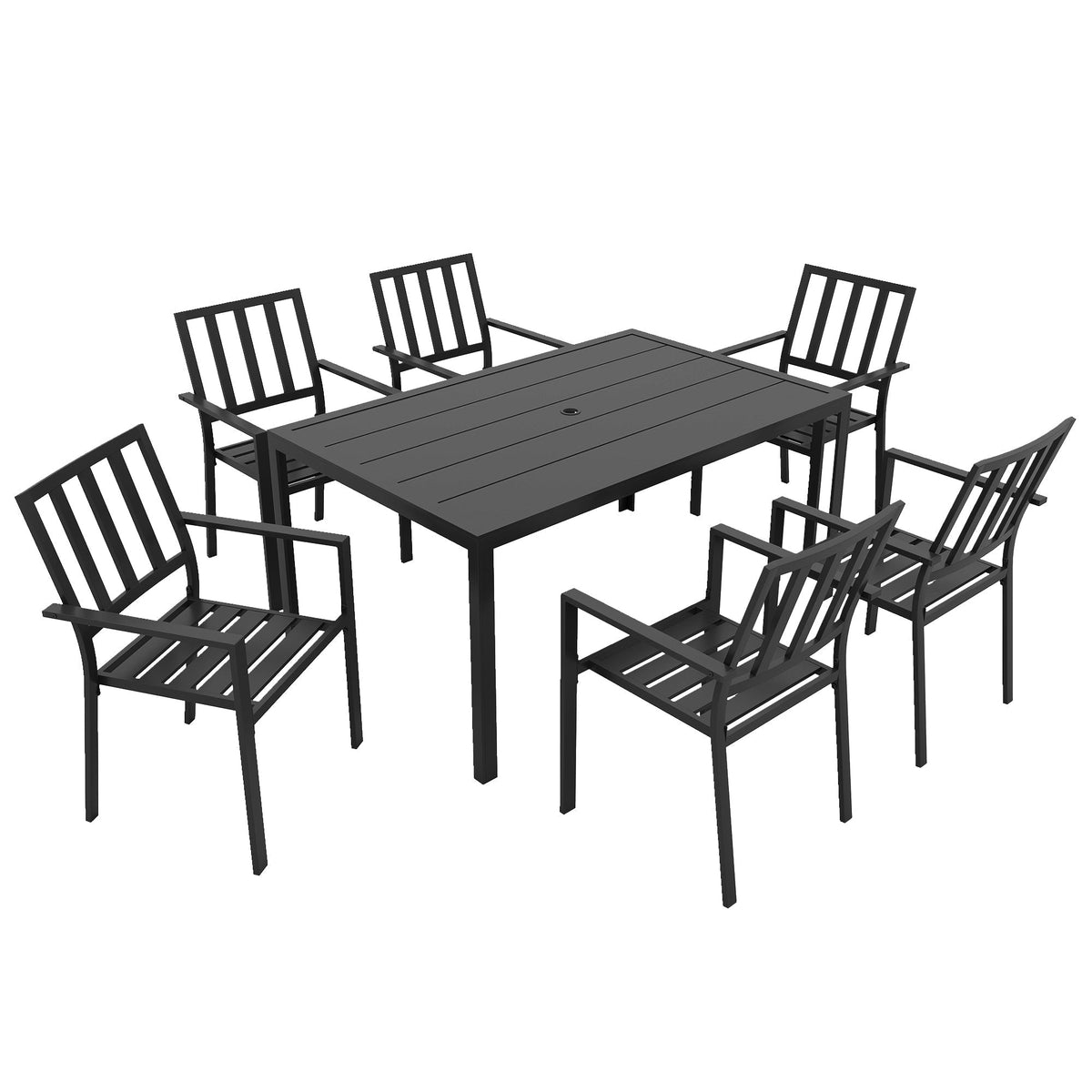 Outsunny Seven-Piece Minimal Metal Garden Dining Set, a black metal table and six chairs