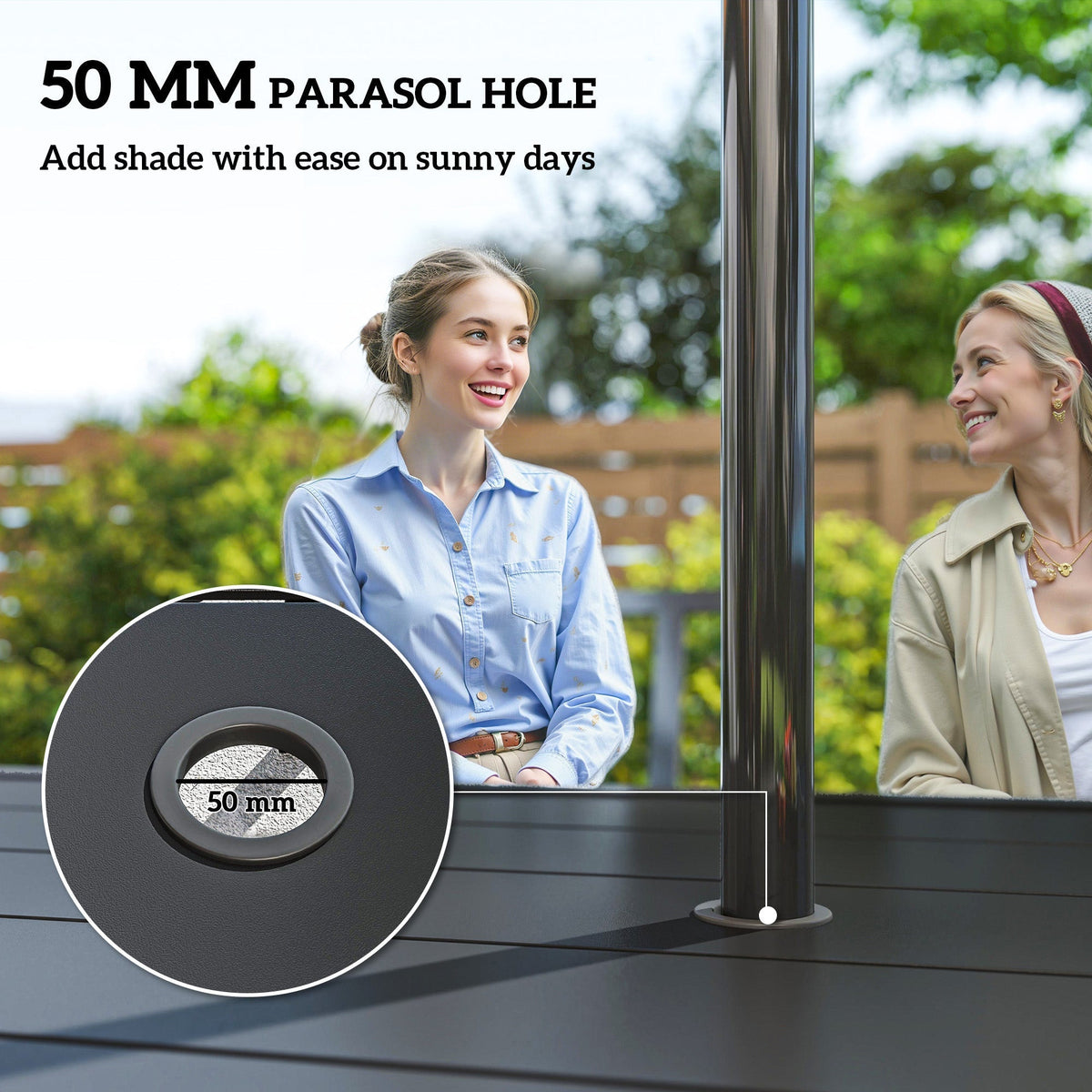 Close-up of the parasol hole in the black metal garden dining table