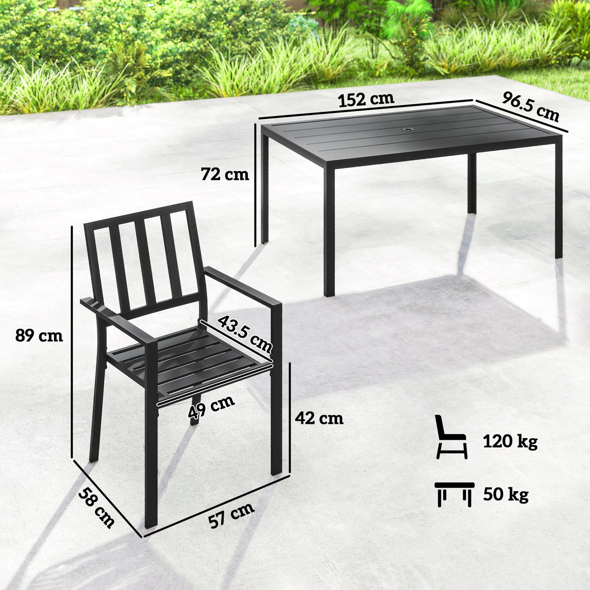 Dimensions for the metal garden dining set, showing table and chair measurements