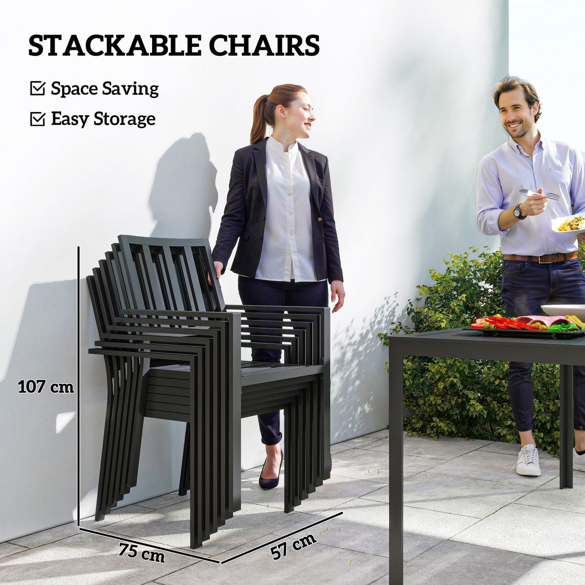 Stackable metal garden chairs shown with dimensions and two people nearby