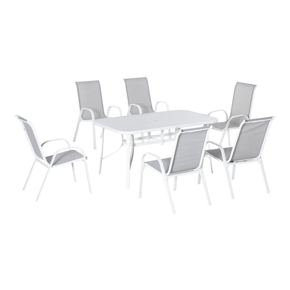 Outsunny Seven-Piece Outdoor Dining Set with a white table and six grey chairs