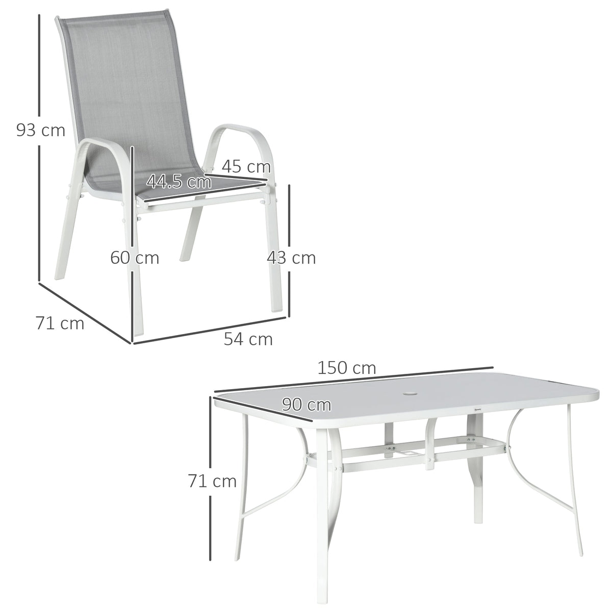 Dimensions of the garden dining set chairs and table