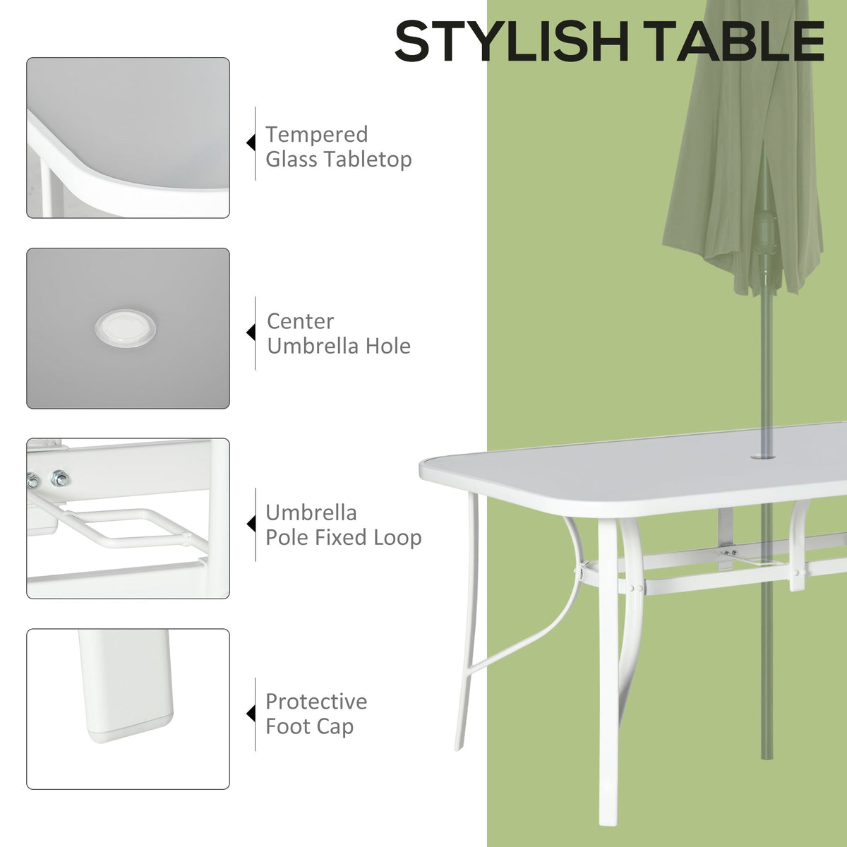 Diagram showing the details of the outdoor dining table including its tabletop, umbrella hole and foot cap