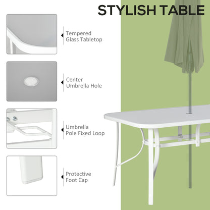 Diagram showing the details of the outdoor dining table including its tabletop, umbrella hole and foot cap