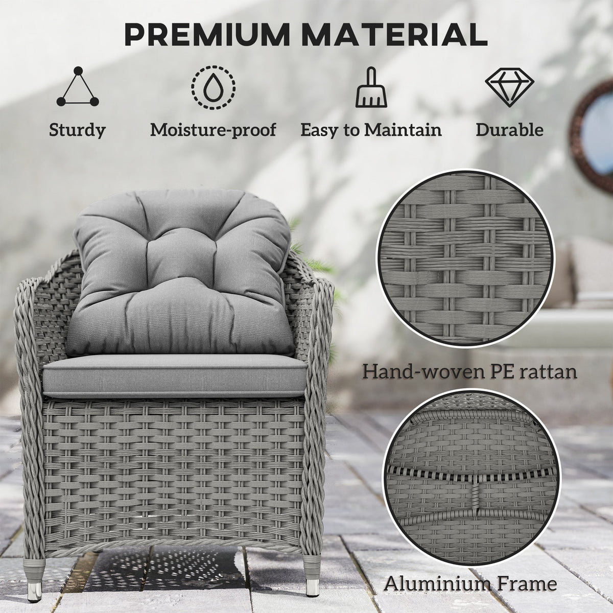 Close-up showing the hand-woven PE rattan and aluminium frame of the dining set