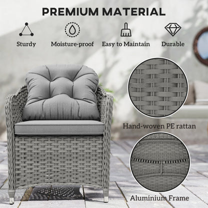 Close-up showing the hand-woven PE rattan and aluminium frame of the dining set