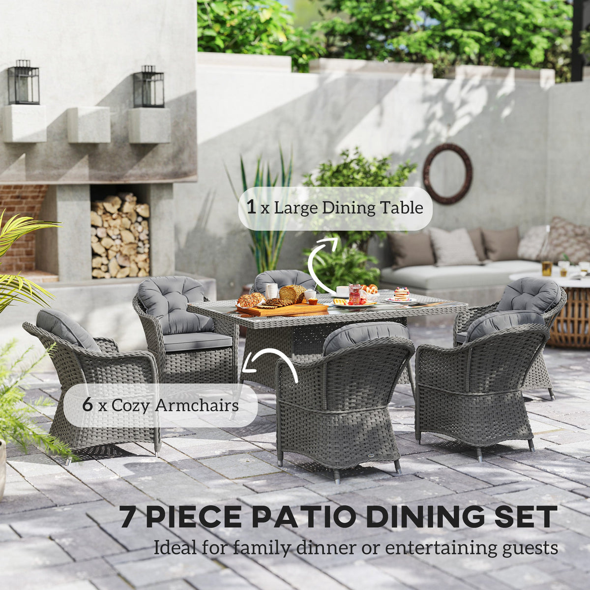 Illustration showing the components of the seven-piece patio dining set