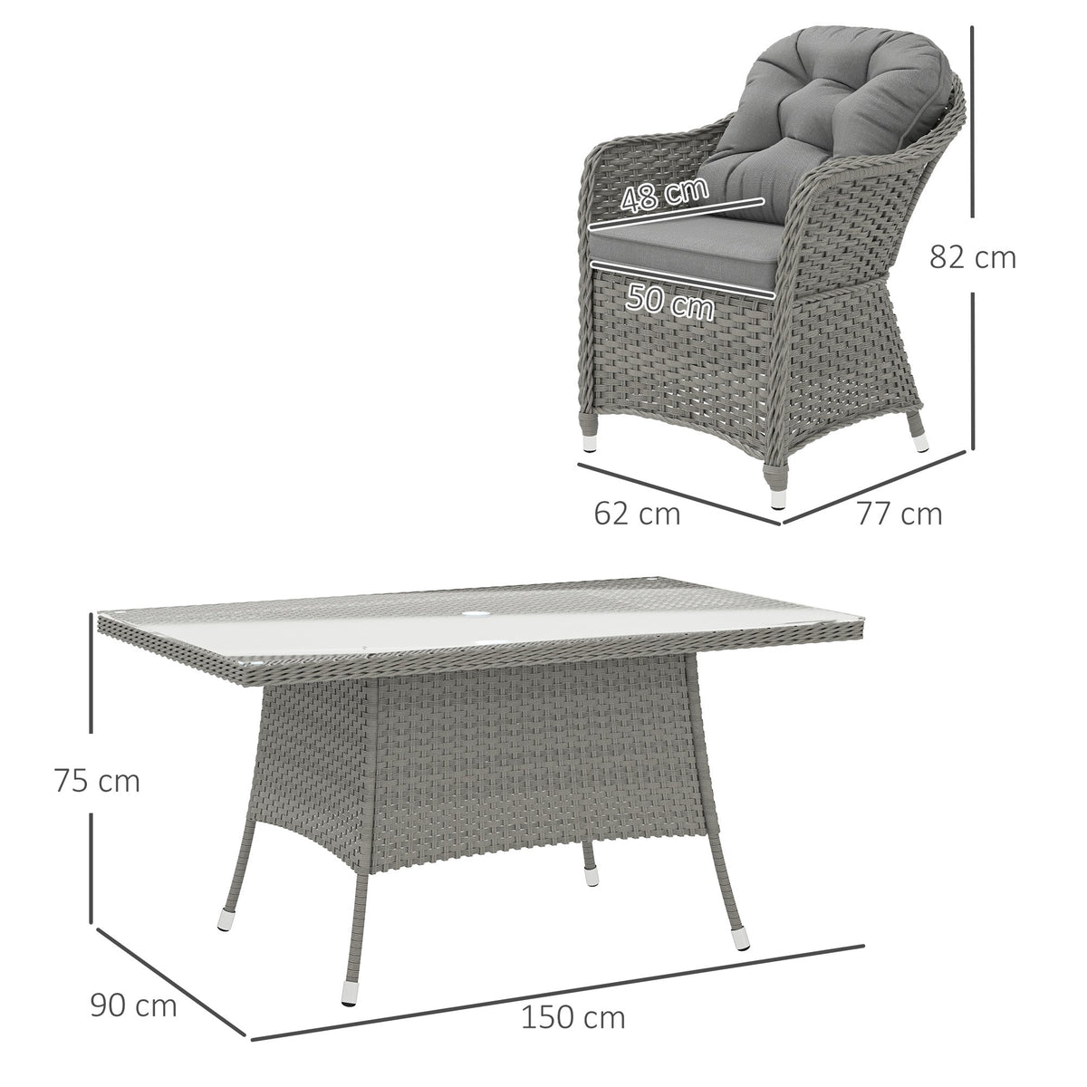 Dimensions of the rattan dining set chairs and table