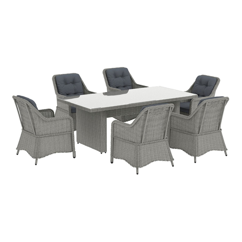 Outsunny Seven-Piece Rattan Dining Set with grey cushions and glass tabletop, shown from the front