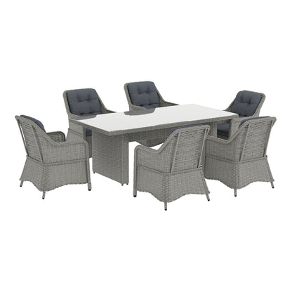 Outsunny Seven-Piece Rattan Dining Set with grey cushions and glass tabletop, shown from the front