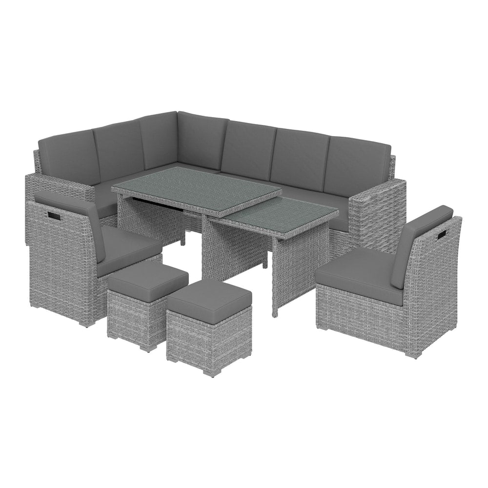Outsunny Seven-Piece Rattan Garden Sofa Set with grey cushions and an expanding dining table
