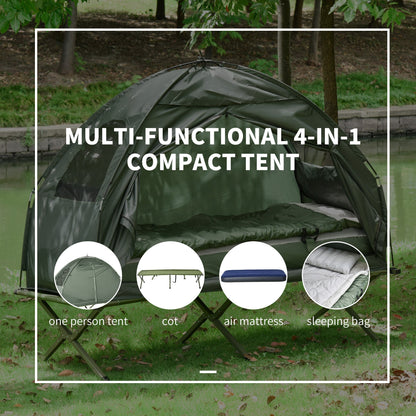 The camping bed shows four configurations: a tent, a cot, an air mattress and a sleeping bag